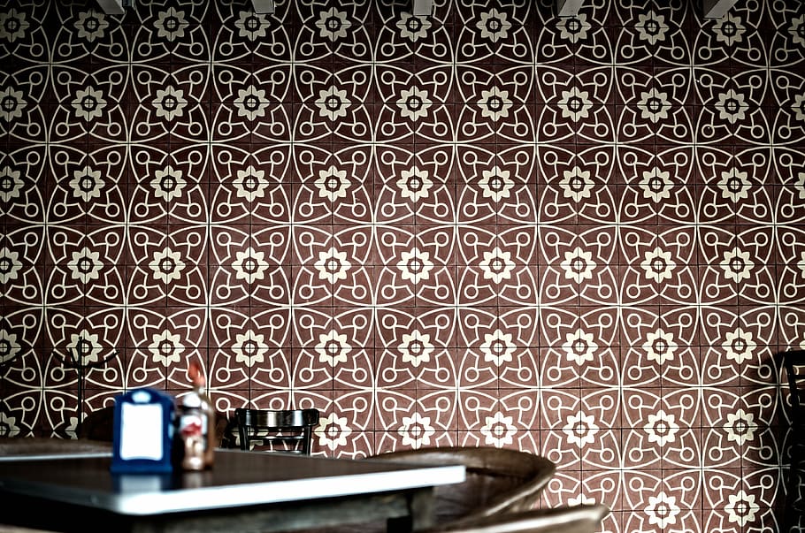 chairs, design, pattern, table, tiles, indoors, no people, metal HD wallpaper
