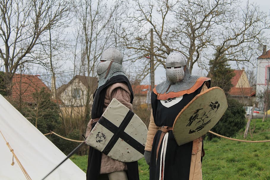 two knights standing near trees, medieval, armor, middle ages HD wallpaper