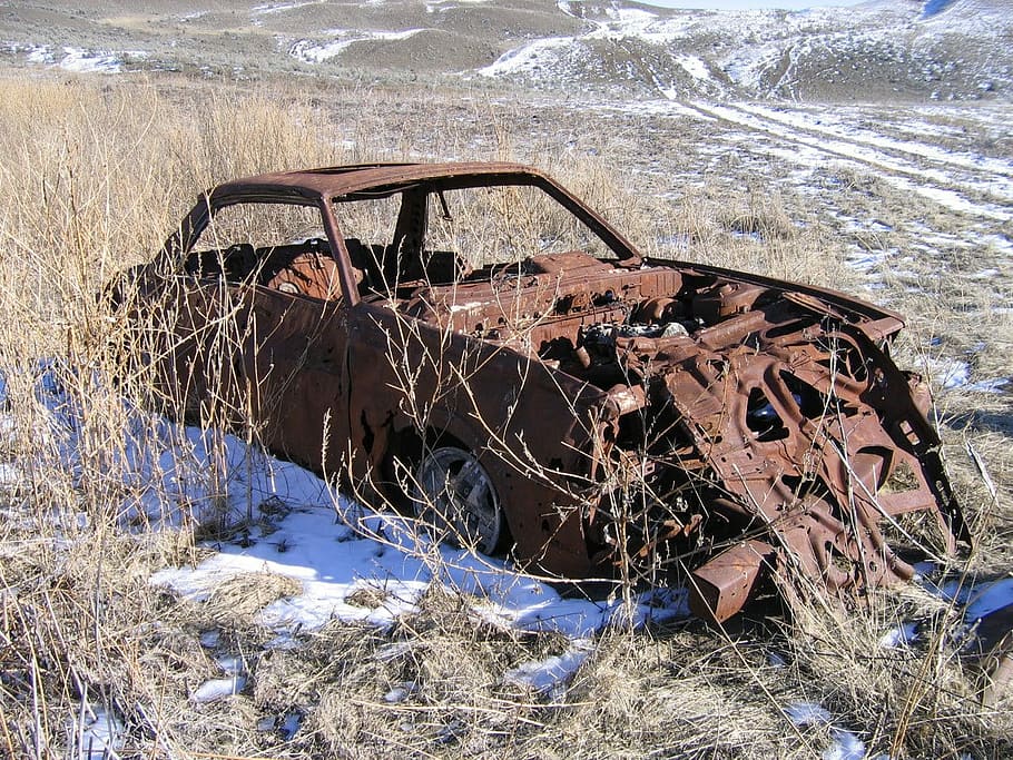 Car, Abandoned, Rusted, Scrap, Pollution, grasslands, damaged HD wallpaper