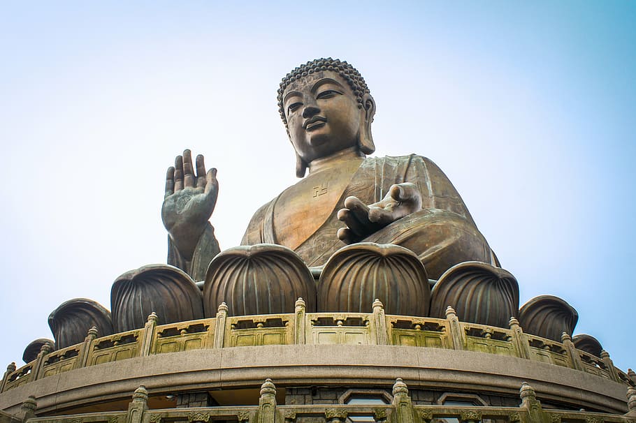 gold Gautama Buddah statue, hong kong, lantau island, buddha, HD wallpaper