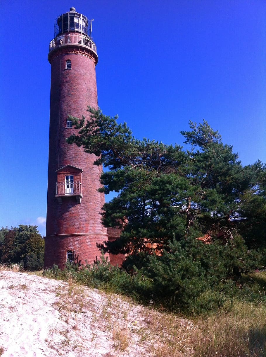 Lighthouse, Prerow, Tower, Germany, red brick, blue, tree, no people HD wallpaper