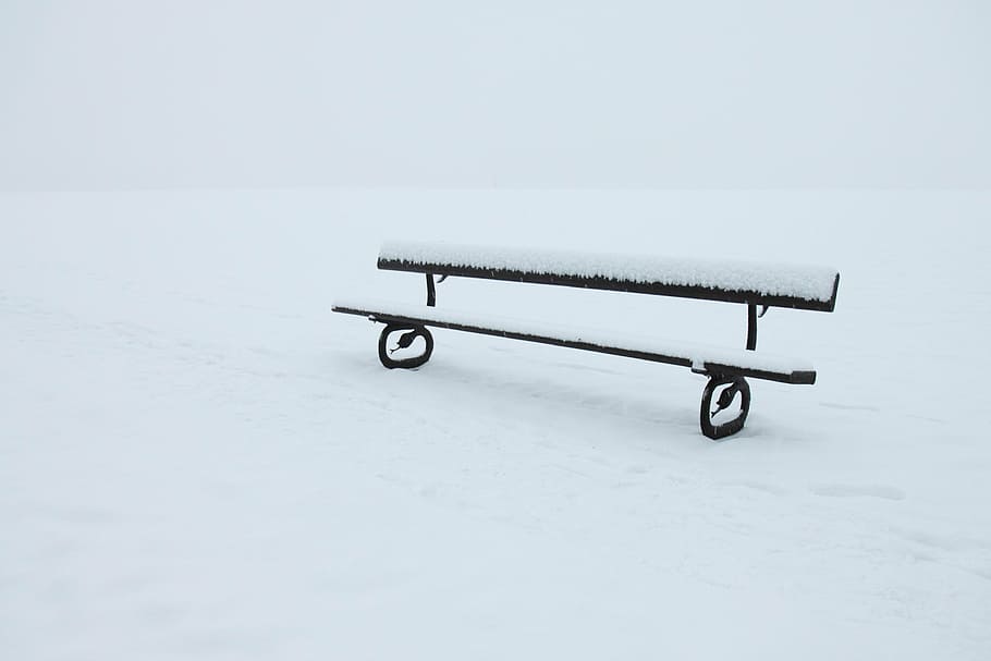 black bench covered in snow, abandoned, alone, cold, empty HD wallpaper