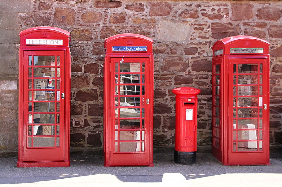 three closed red payphones, scotland, british, phone booth, wall, HD wallpaper