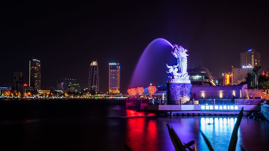 Merlion, Singapore, dragon fountain near the city during night, HD wallpaper