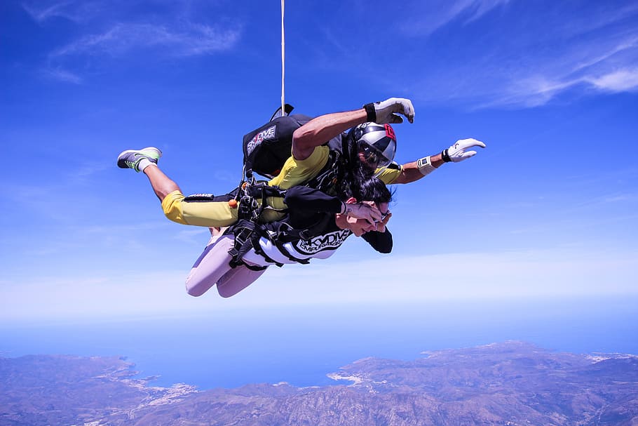 person paragliding during daytime, skydive, spain, action, extreme HD wallpaper