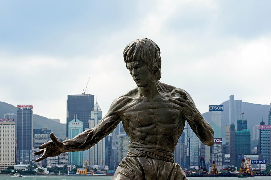 Bruce Lee statue, hong kong, hong kong victoria harbour, hong kong skyline, HD wallpaper