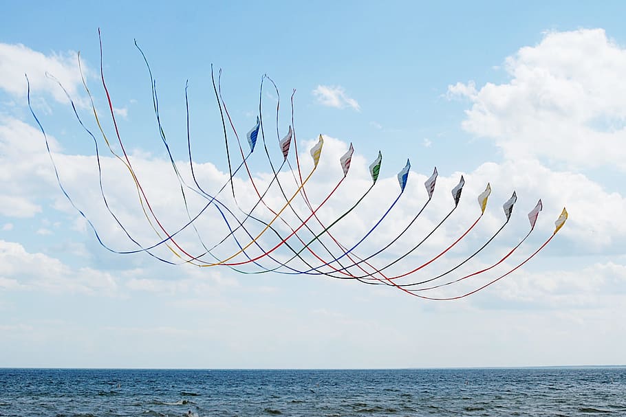 Kites, Flying, Colorful, sky, summer, activity, sea, blue, nature HD wallpaper