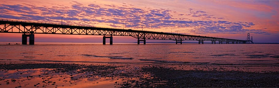 photography of bridge near sea, pink, sky, peaceful, sunset HD wallpaper