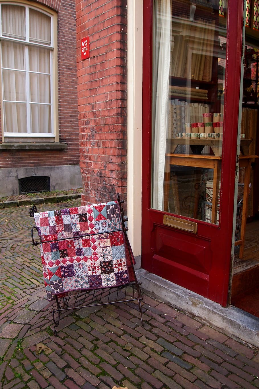 quilt, patchwork, display, shop, street, netherlands, building exterior, HD wallpaper