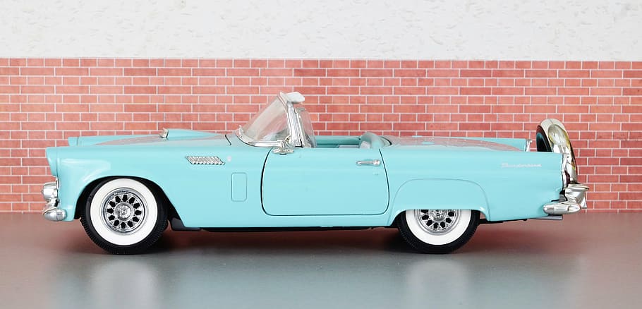 teal classic coupe parked beside red wall, model car, ford HD wallpaper