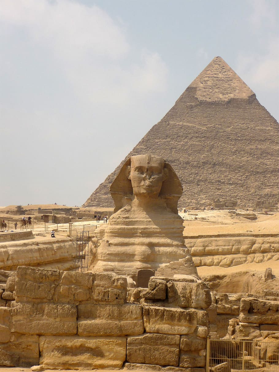 sphinx, pyramid, egypt, gizeh, statue, lion figure, artwork HD wallpaper