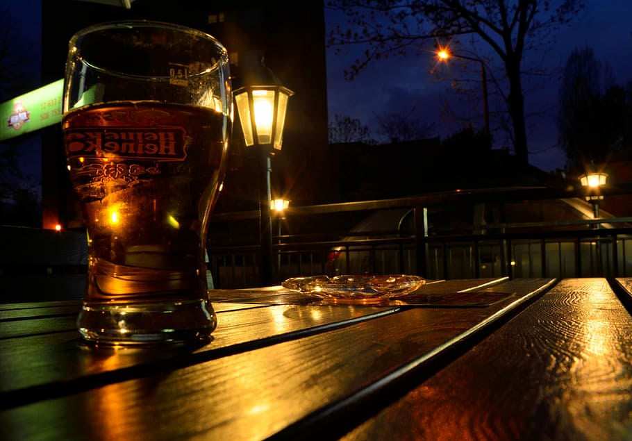 Premises, Beer, Twilight, night, illuminated, reflection, table HD wallpaper
