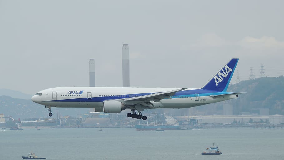 Ana airliner about to land, hongkong, airplane, travel, airport, HD wallpaper