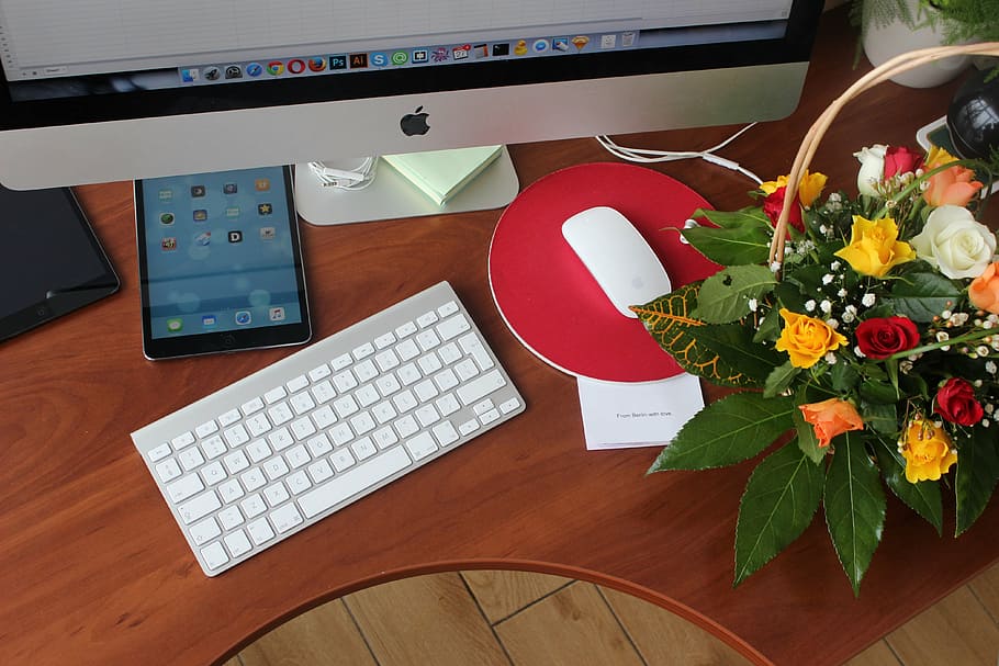 iMac Aluminum and Magic keyboard, flowers, desk, ipad, computer HD wallpaper