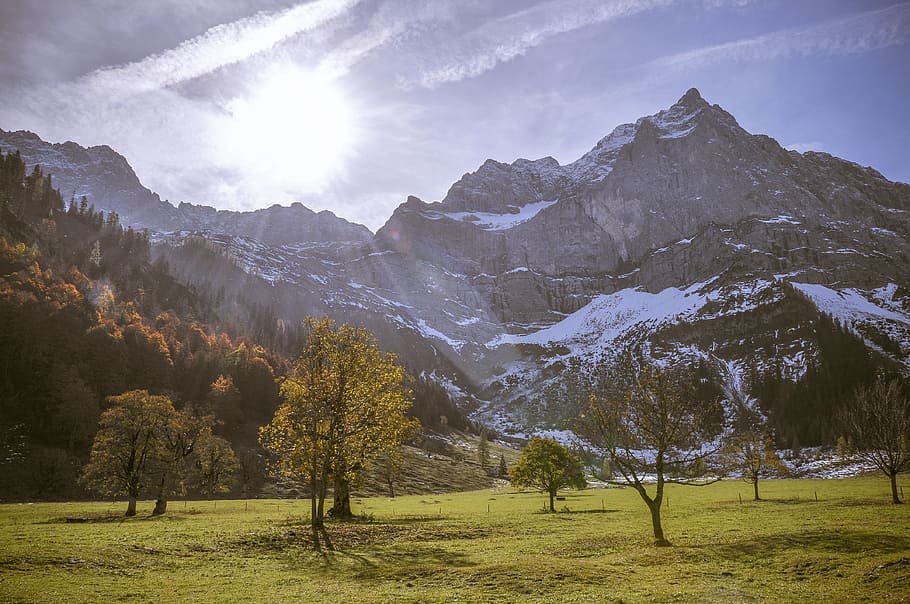 karwendel, alpine, back light, mountains, trees, autumn, eng HD wallpaper