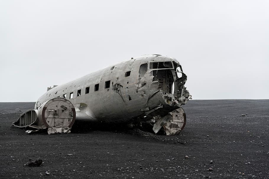 grayscale photography of wrecked airplane, wrecked airplane, crash