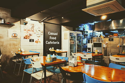 casual food cafeteria interior with lights, restaurant, store HD wallpaper