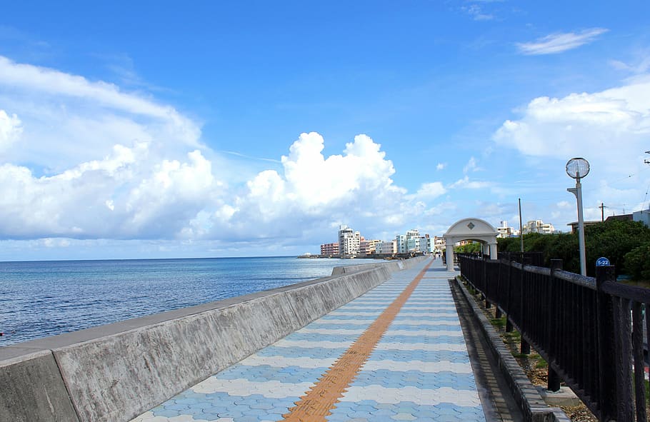 blue sky, sea, seaside, promenade, miyagi coast, beachside, HD wallpaper