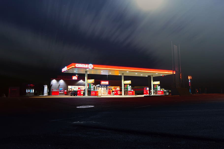 photo of gasoline station, dark, night, filling, fuel, illuminated