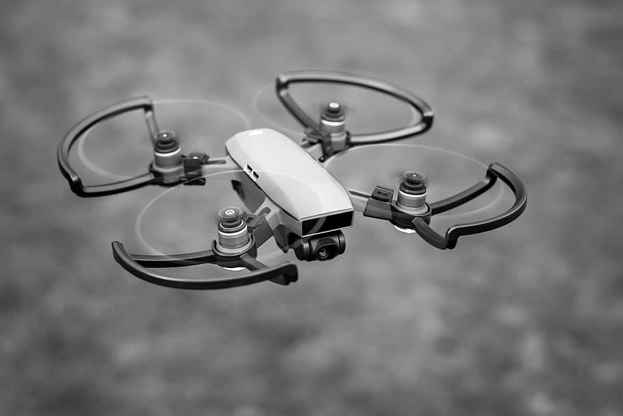 drone flying in gray scale photography, grayscale of drone in air HD wallpaper
