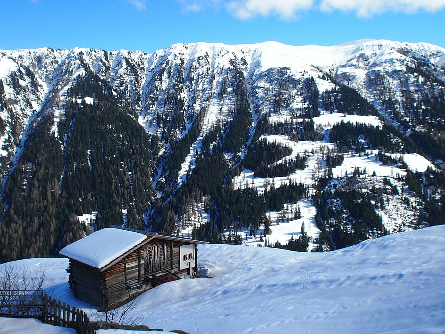 alpine, mountains, winter, snow, wintry, hut, cold temperature HD wallpaper