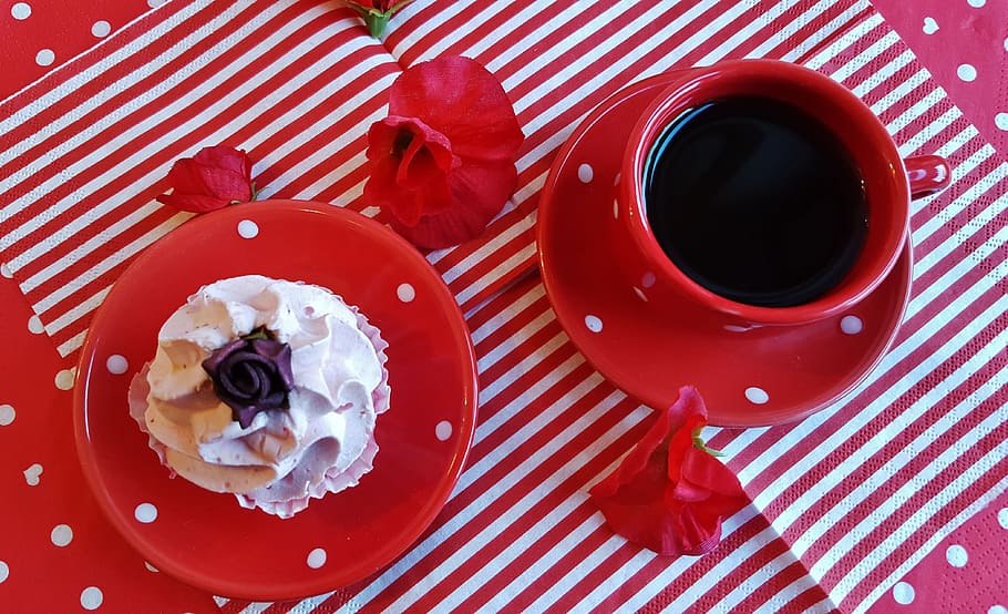 red ceramic coffee mug, coffee drink, cup, coffee cup, saucer HD wallpaper