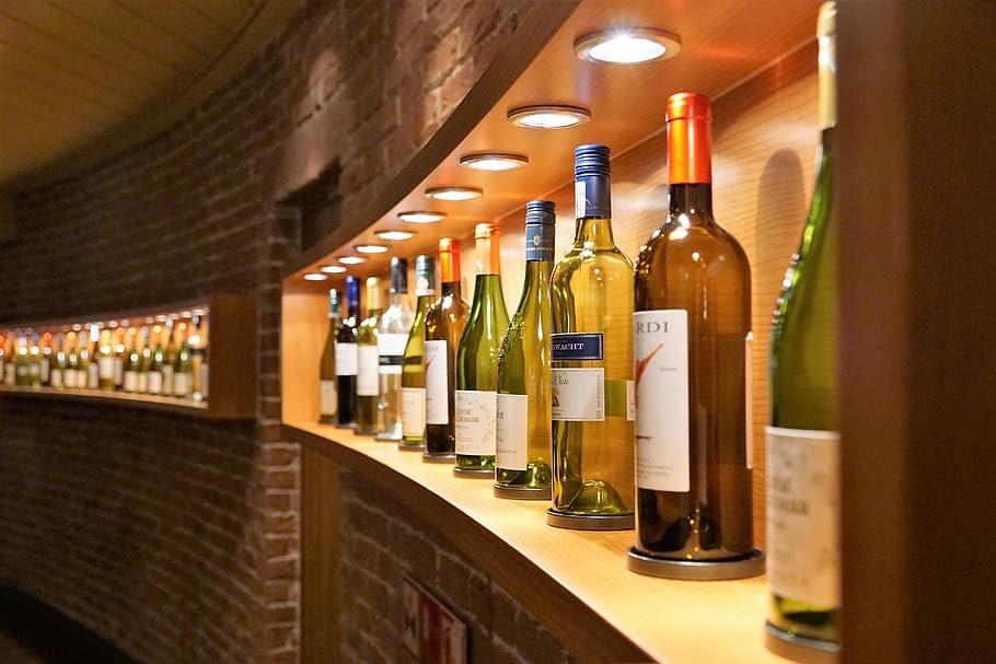 assorted-brand champagne bottles, wine, shelf, wine shop, cork