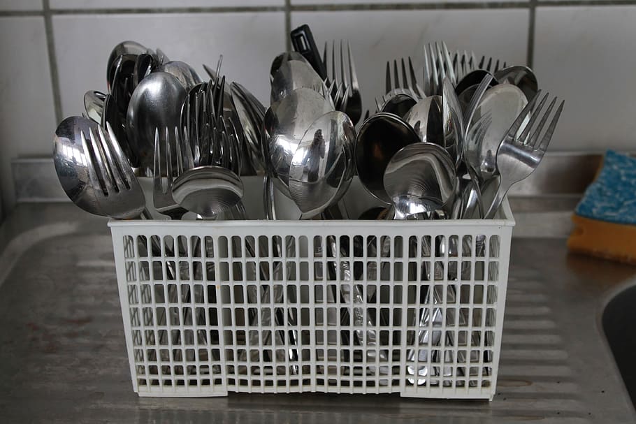 cutlery basket, fork, spoon, rinsed, kitchen, kitchen utensil, HD wallpaper
