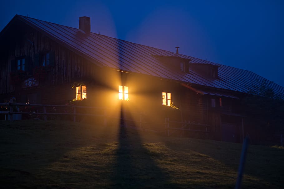 House With Orange Light during Night Time, architecture, building HD wallpaper