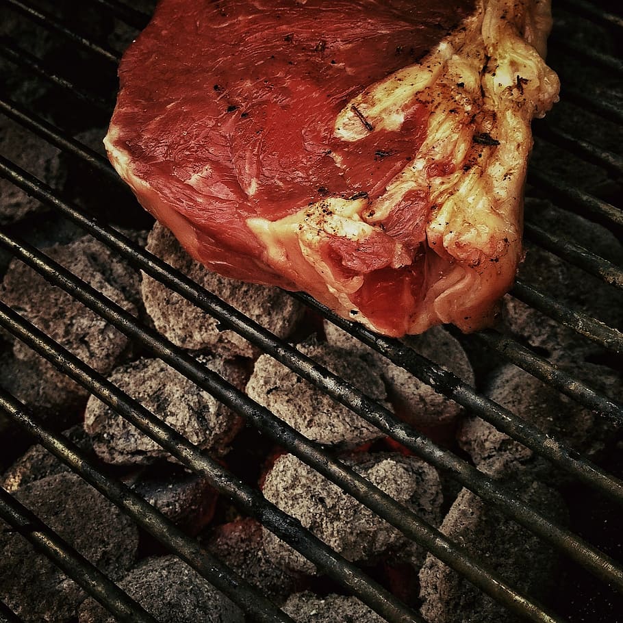 raw meat grilling on pan, barbecue, fire, flame, bbq, charcoal HD wallpaper