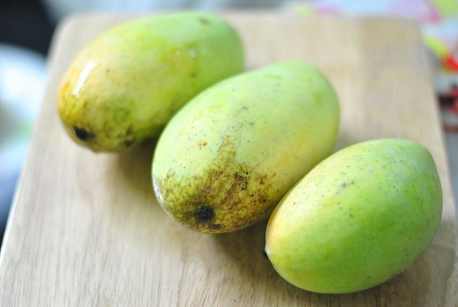 three green mango on board, Fruit, Food, freshness, organic HD wallpaper