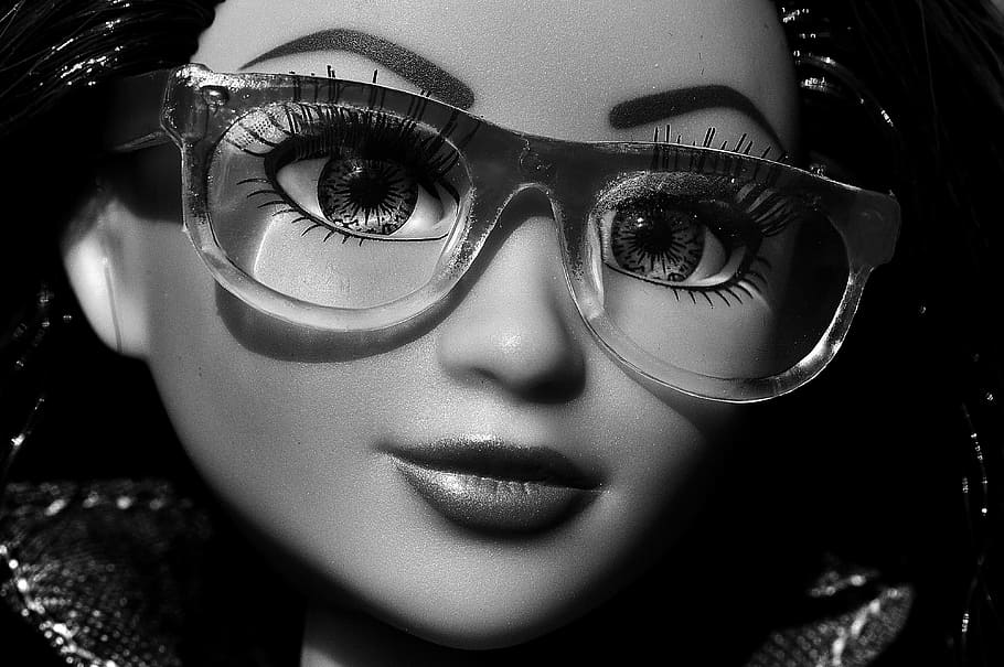 grayscale photography of girl doll wearing eyeglasses, pretty HD wallpaper