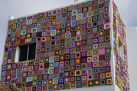 multicolored building under cloudy skies, Home, Crochet, Patchwork HD wallpaper