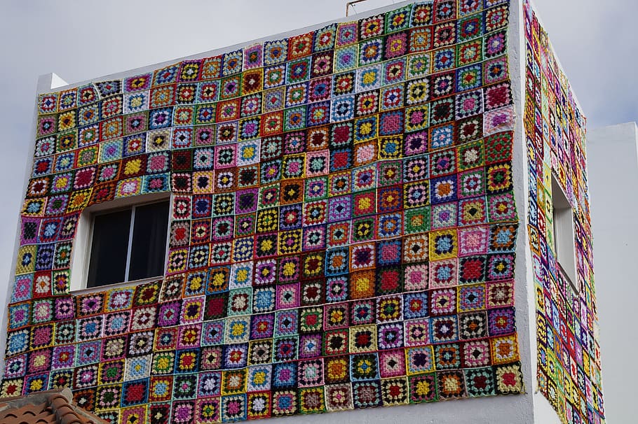 multicolored building under cloudy skies, Home, Crochet, Patchwork HD wallpaper