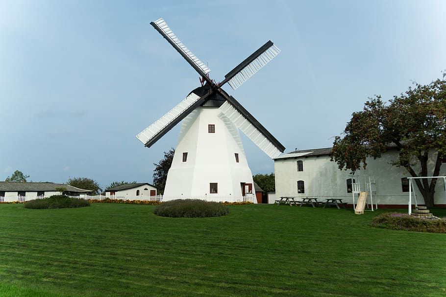 Windmill, Bornholm, Denmark, Building, rush, white, green, blue HD wallpaper