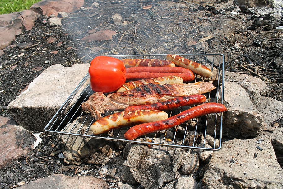 barbecue, campfire, meat, burn, embers, hot, delicious, grilled HD wallpaper