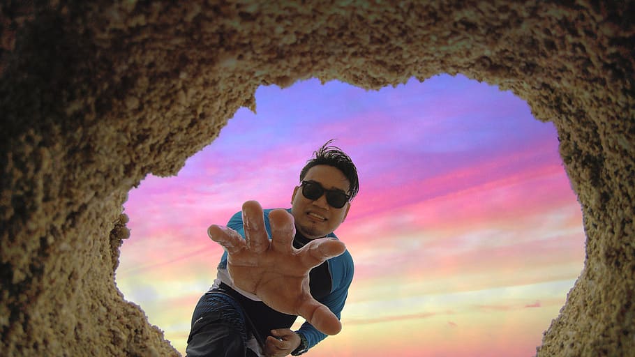 adventure, sunset, sky, sunlight, landscape, cave, fashion HD wallpaper