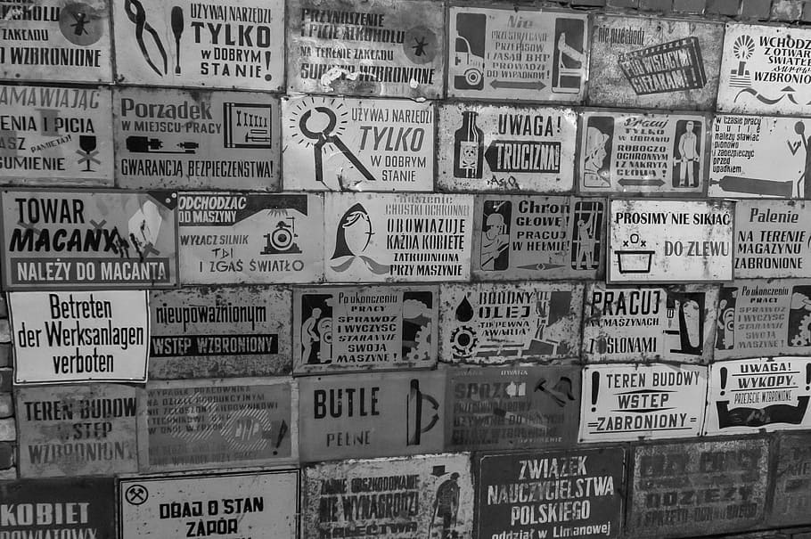 assorted signage grayscale photography, poland, gold slope, wall, HD wallpaper