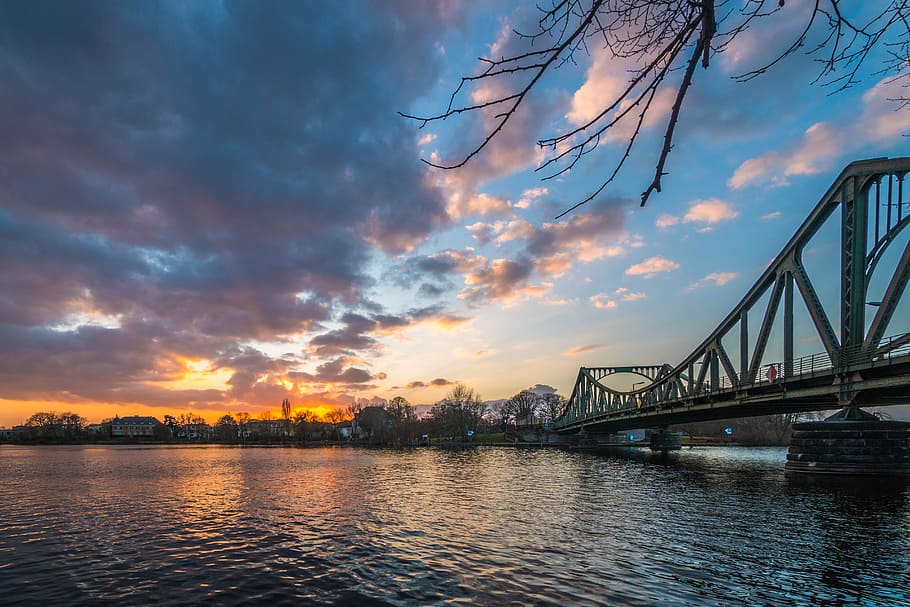waters, bridge, river, sky, sunset, mood, romance, evening sky, HD wallpaper