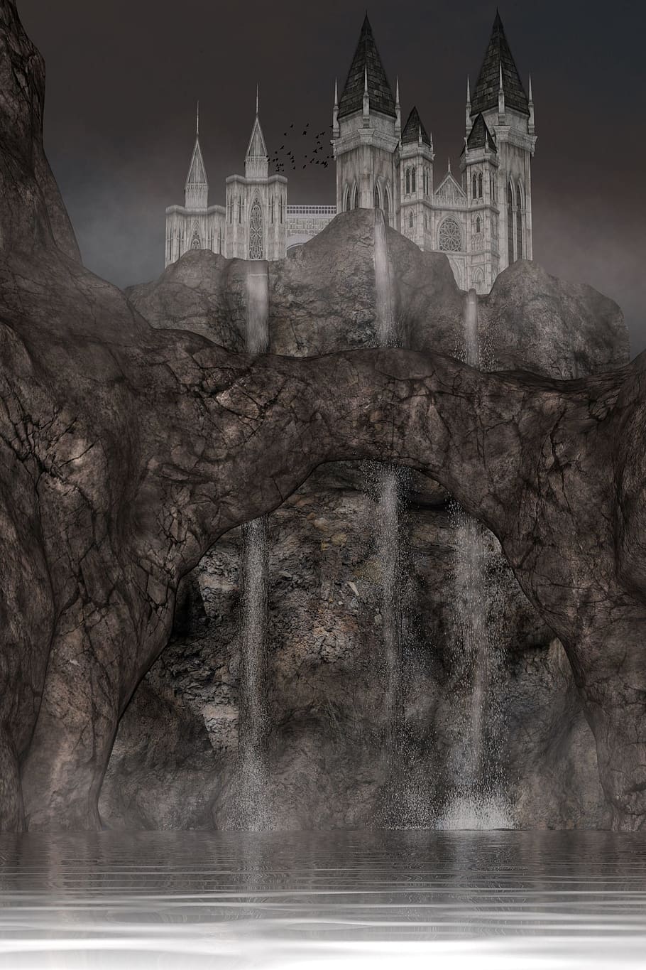 painting of castle beside waterfalls, landscape, mountains HD wallpaper