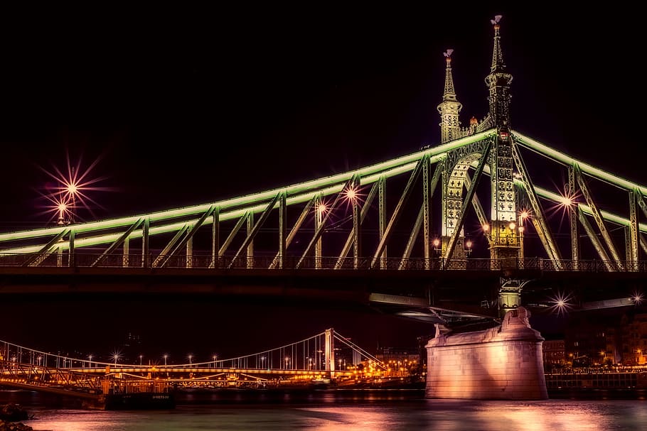 bridge during nighttime, budapest, hungary, liberty bridge, landmark, HD wallpaper