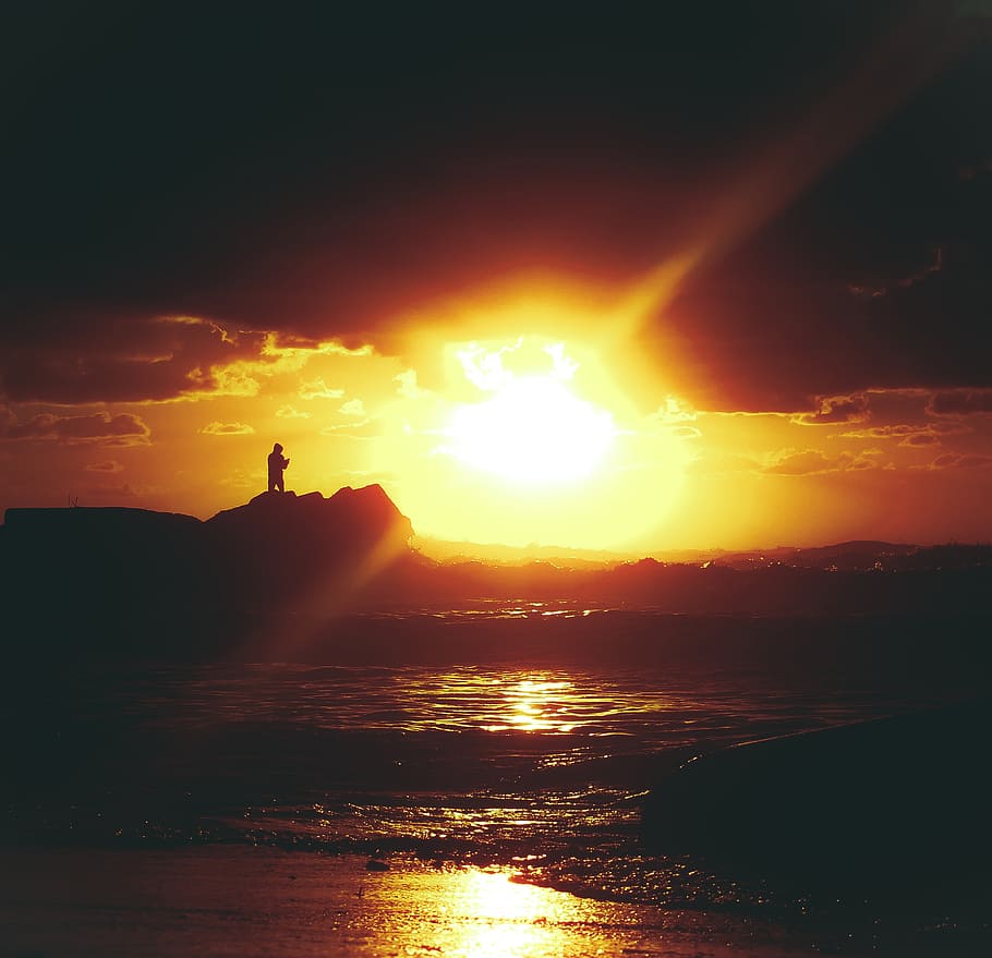sunset, beach, people, landscape, beach sunset, light, sky HD wallpaper