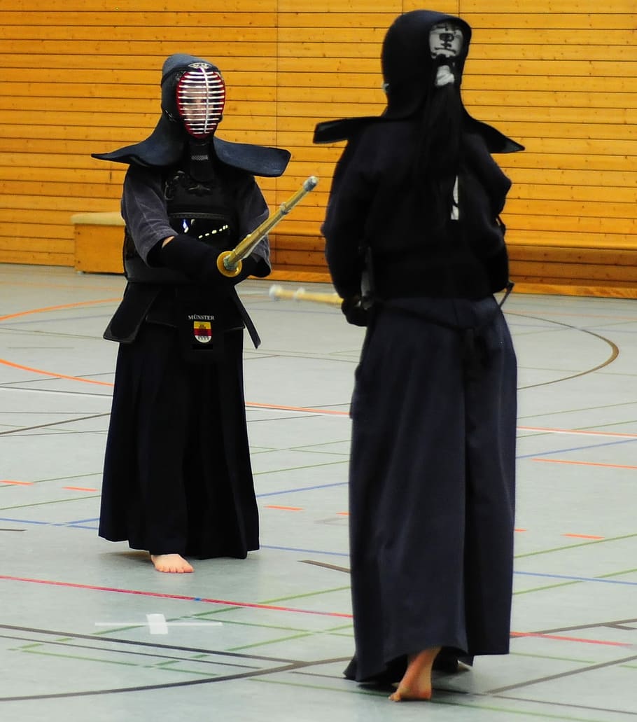 Kendo Competition, two black sport suits, fight, dress, orange