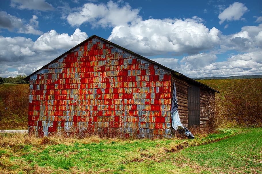 barn, field barn, old, stainless, rusted, sky, clouds, blue HD wallpaper
