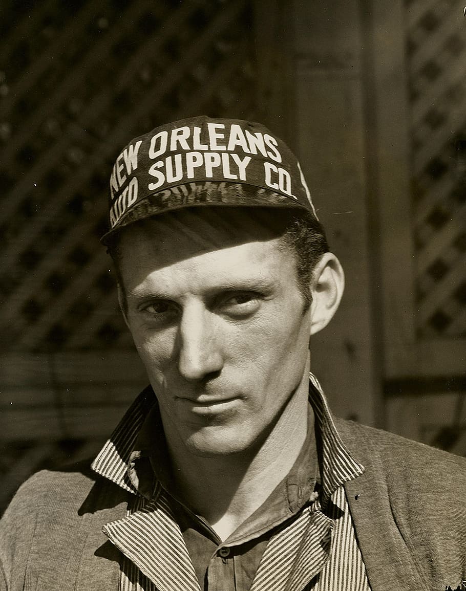 Black and White Photo of Man Wearing New Orleans Supply Hat, cap HD wallpaper
