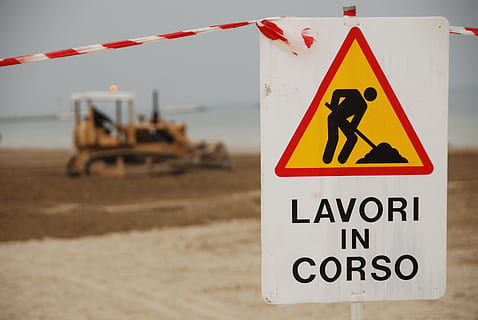 men at work signage, Work In Progress, Safety, Sand, Sea, safety work HD wallpaper