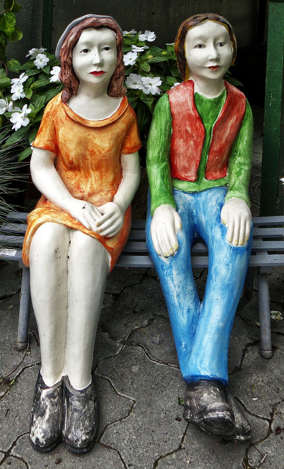 pair, garden bench, ceramic, sculpture, figure, figures, deco HD wallpaper