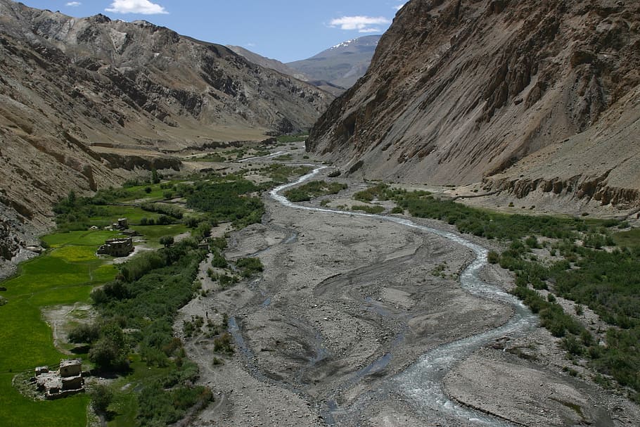 valley, river, ladakh, water courses, field, hiking, mountain, HD wallpaper