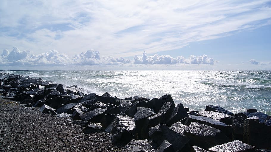 hiddensee, west beach, windy, sea, water, rock, land, sky, rock - object HD wallpaper