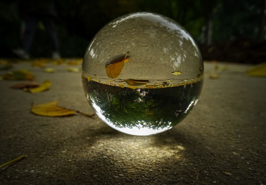 crystal ball, autumn, trail, reflection, fantasy, upside down HD wallpaper